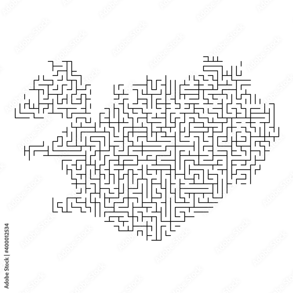 Iceland map from black pattern of the maze grid. Vector illustration.