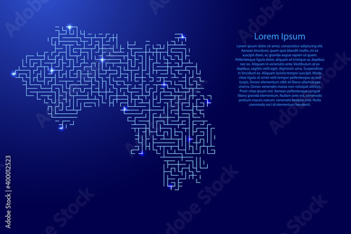 Guinea map from blue pattern of the maze grid and glowing space stars grid. Vector illustration.