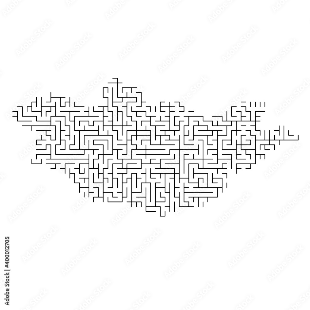 Mongolia map from black pattern of the maze grid. Vector illustration.