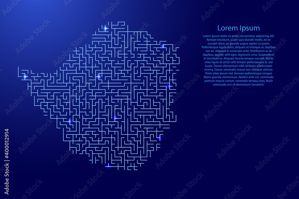 Zimbabwe map from blue pattern of the maze grid and glowing space stars grid. Vector illustration.