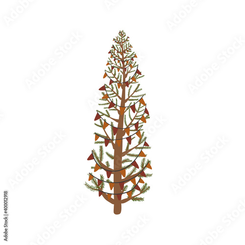 Detailed vector illustration of a Christmas retro tree with flags. New Year card. Isolated on white background hand drawn