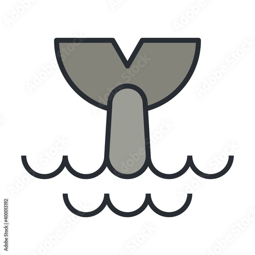 Tail of large whale or shark diving into ocean concept. Flat icon illustration.