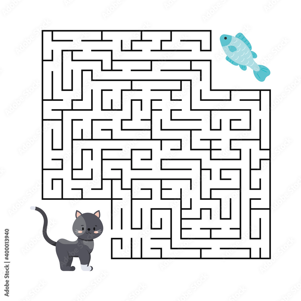Maze game puzzle for kids education. Cartoon grey cat and fresh fish. Help kitten to find right way a food in labyrinth. Vector illustration in cartoon style. Flat design. Stock Vektorgrafik Adobe