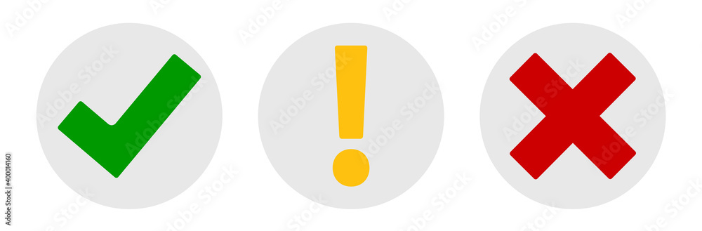 Collection Set of check mark, exclamation point, X mark icons buttons isolated on white background. Vector Illustration EPS10 Collection Set of check mark, exclamation point, X mark icons buttons isolated on white background. Vector Illustration EPS10