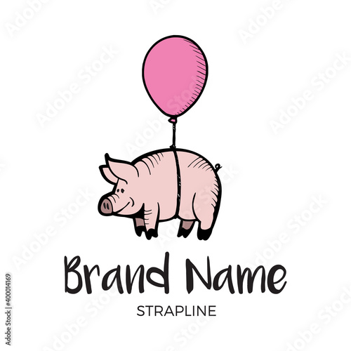Flying pig with balloon in black and white. Vector logo design	