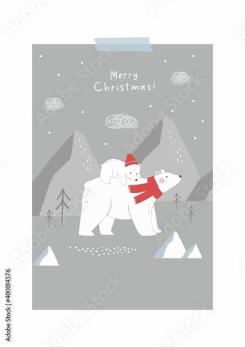 Cute Hand drawn Bear Mom and baby. Christmas Bear
