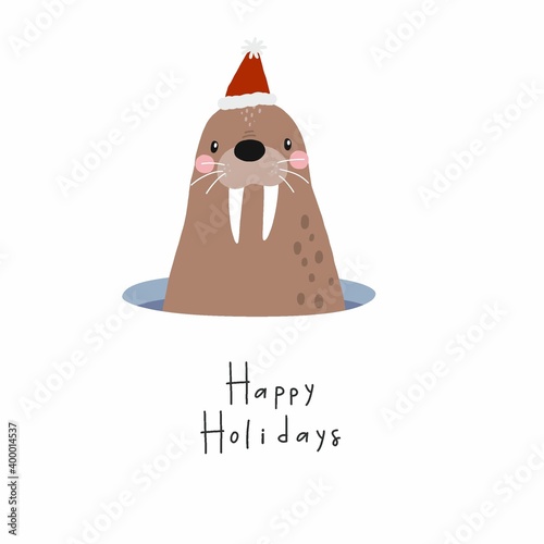 Cute walrus character - vector print. Christmas print with walrus