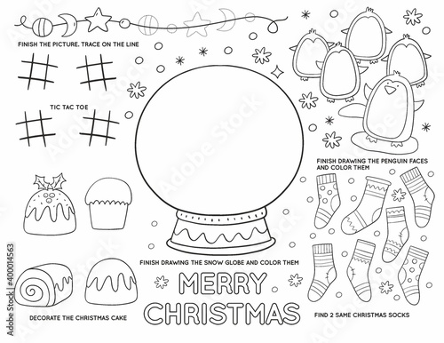 Christmas Printable for Christmas kids Party in doodle style. Christmas worksheets and coloring page for children. Christmas Party Placemat for Kids table. Winter activity page
