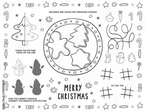 Christmas Printable for Christmas kids Party in doodle style. Christmas worksheets and coloring page for children. Christmas Party Placemat for Kids table. Winter activity page