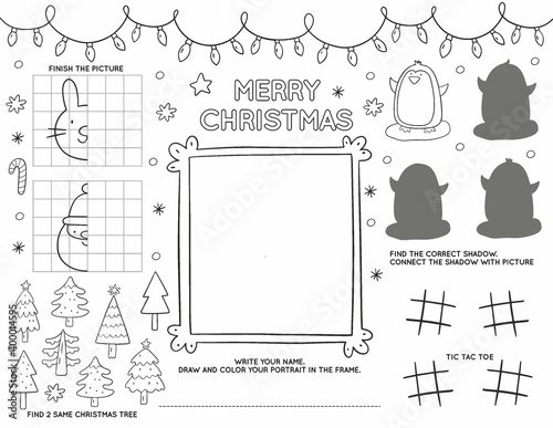 Christmas Printable for Christmas kids Party in doodle style. Christmas worksheets and coloring page for children. Christmas Party Placemat for Kids table. Winter activity page