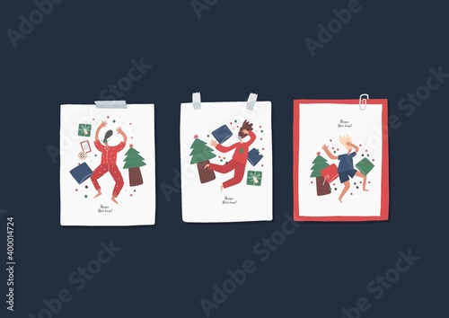 Christmas Pajama party Vector illustration in flat style. Happy people in pajamas  in the bedroom.