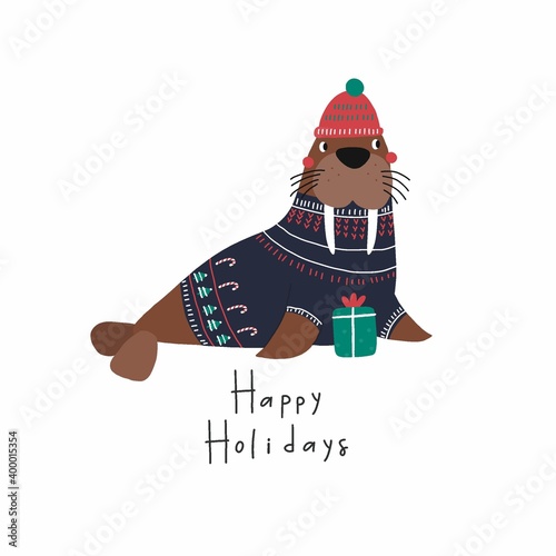 Cute walrus character - vector print. Christmas print with walrus