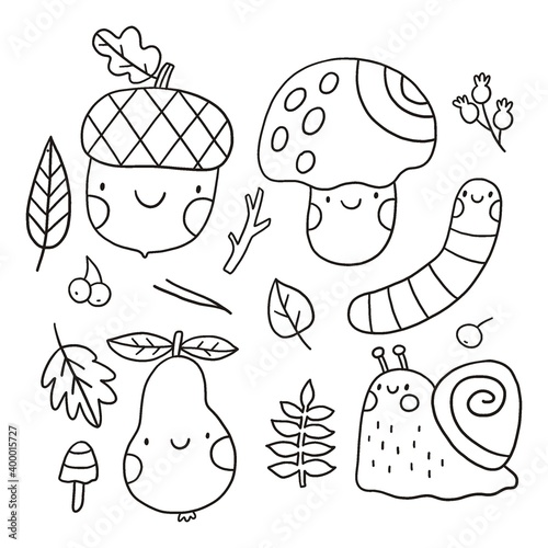 Hello autumn activity coloring page with pumpkin, acorn, snail, leaf, mushroom, pear, worm, stump. Coloring page for kids