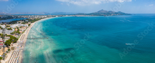 An aerial panoramic view of the Playa De Muro on Mallorca island in Spain