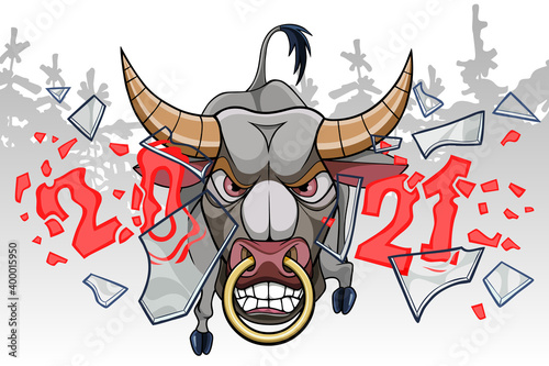 Bild auf Leinwand cartoon bull in rage breaks glass with numbers 2021