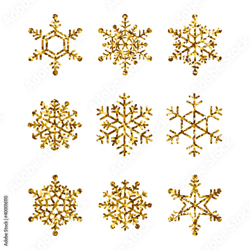 Set of gold snowflakes. Golden Glitter Snow Flakes isolated on white background. Winter Holidays Decoration. Vector collection.
