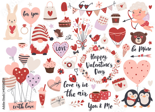 Valentine’s Day element set: gnome, love text, heart shape, cute cupid,  flowers, air balloons and calligraphy quotes.  Perfect for scrapbooking, greeting card, party invitation, gift tags.