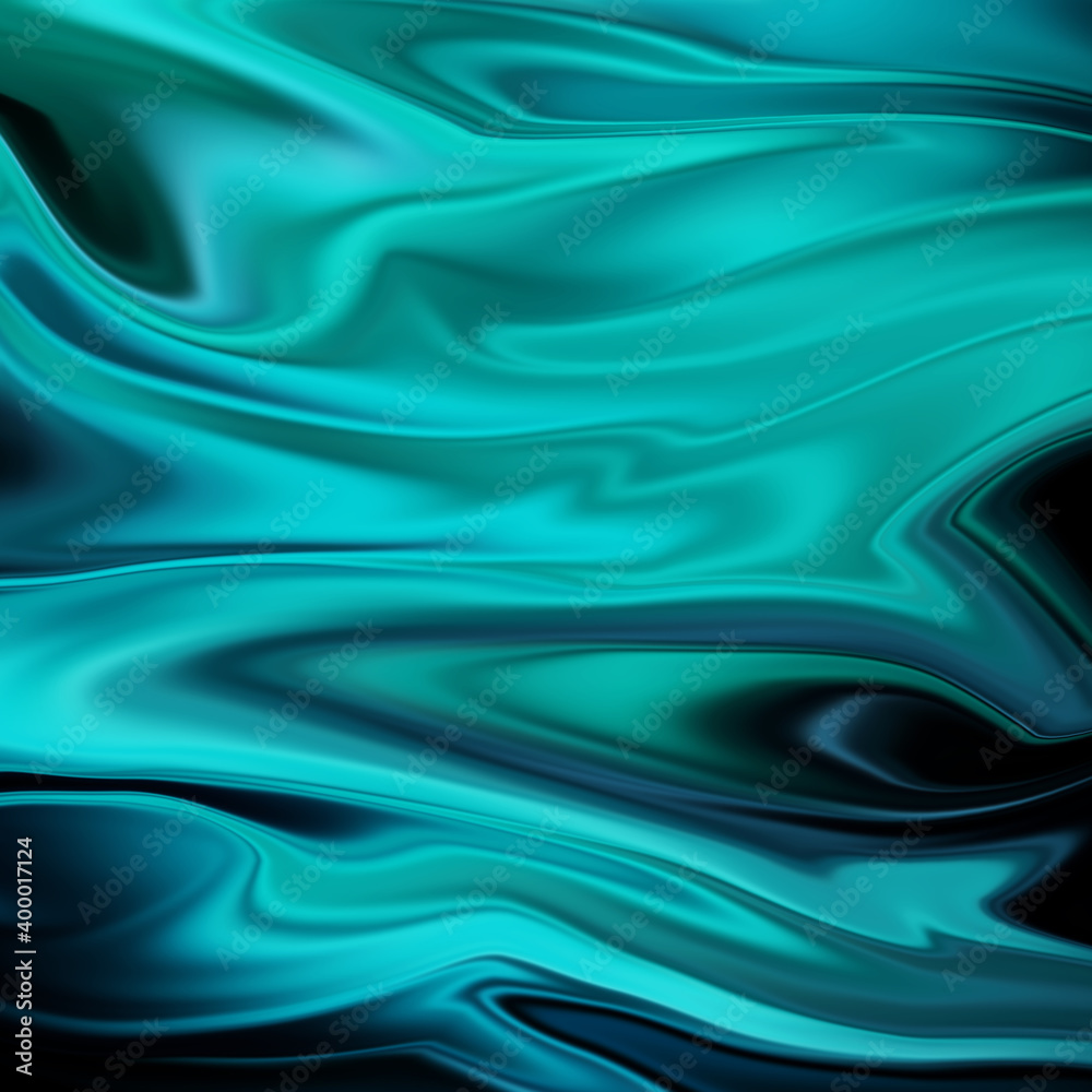 Fototapeta premium Elegant turquoise liquid abstract background. Smooth curves in bluish and greenish gradient.