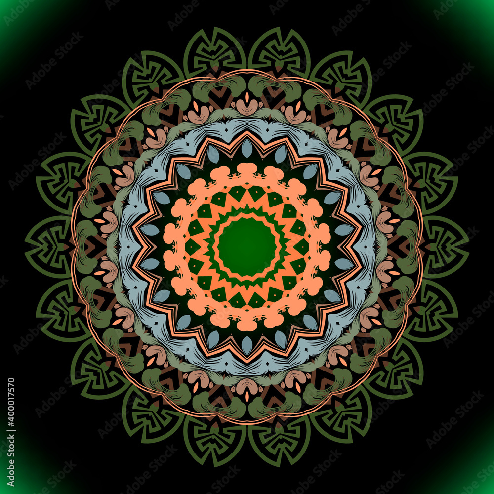 Floral greek mandala pattern. Ornamental vector shiny background. Ethnic tribal style repeat backdrop. Greek ornaments with round mandalas, flowers, circles, shapes. Abstract design in green colors