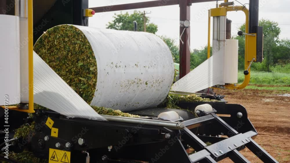 Close up view of modern agriculture machine packing the silage bales with plastic. silage is fermented high-moisture stored fodder which can be fed to cattle sheep and other such ruminants Close up view of modern agriculture machine packing the silage bales with plastic. silage is fermented high-moisture stored fodder which can be fed to cattle sheep and other such ruminants