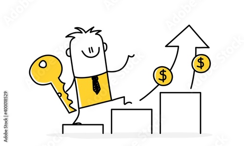 Stickman go up on the growth chart, key to success, decision making.