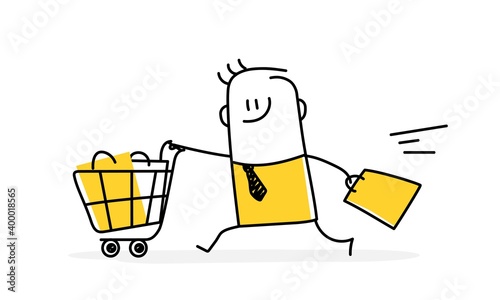 Funny stickman runs with a cart and a bag in his hand. 