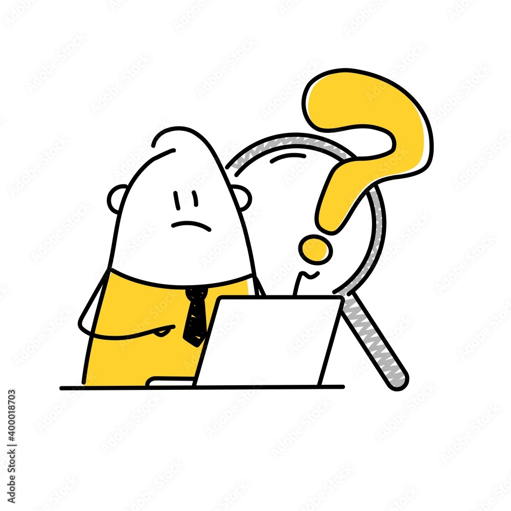 Cute stickman at the laptop. FAQ and support landing page sections.