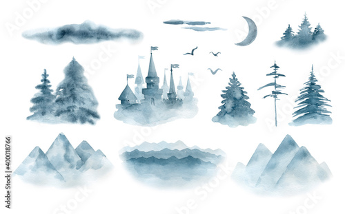 .Set of Winter spruces,mountaines, clouds,fairytale castel,isolated on white background.Watercolor illustration.