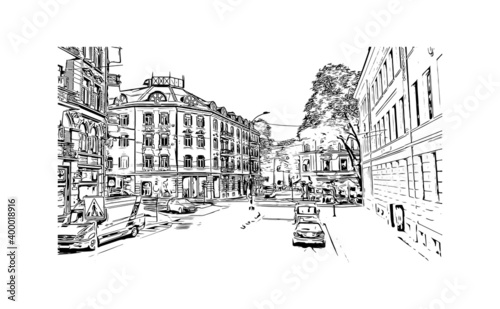 Building view with landmark of Oslo is the 
capital of Norway. Hand drawn sketch illustration in vector.