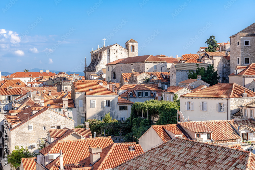Medieval church and red tiled roofs of the city of Dubrovnik, Croatia