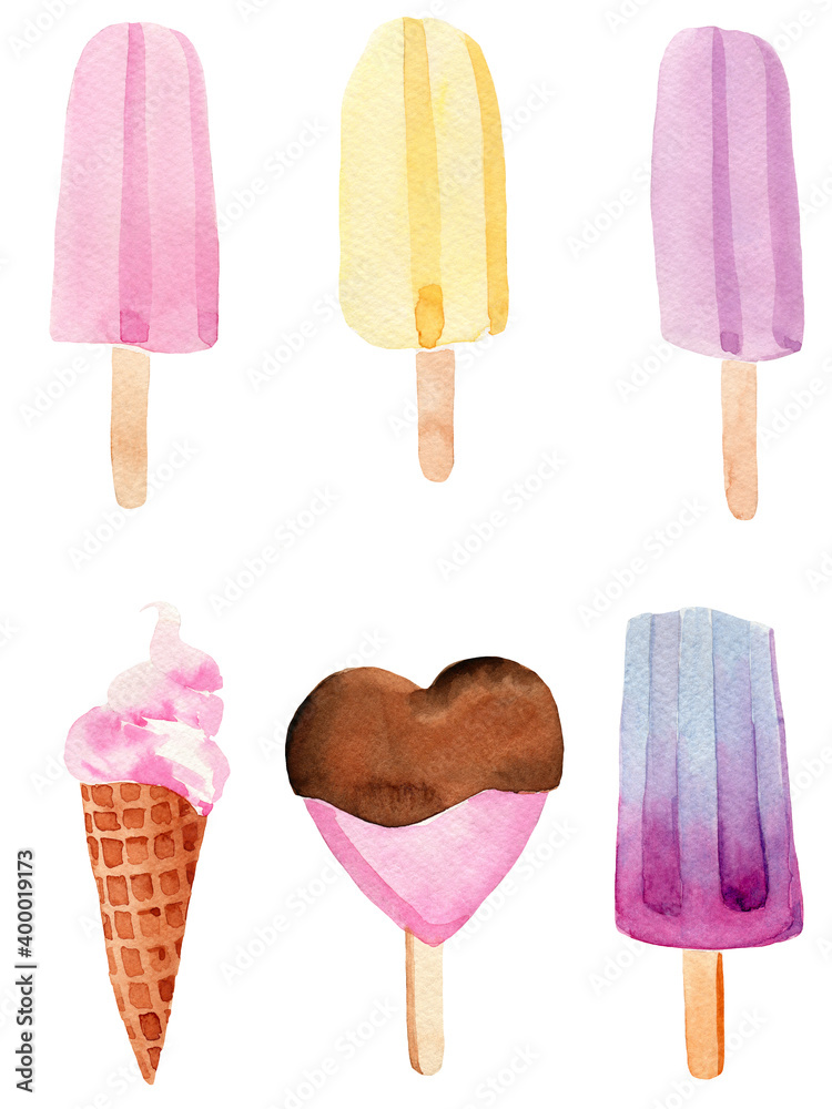 Watercolor illustration set of delicious ice cream Watercolor illustration set of delicious ice cream
