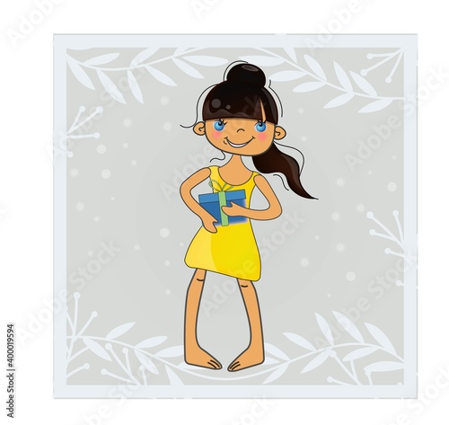 Cheerful and happy little girl with a holiday gift . Vector cartoon character on a grey background with snowy branches . Children's emotions .