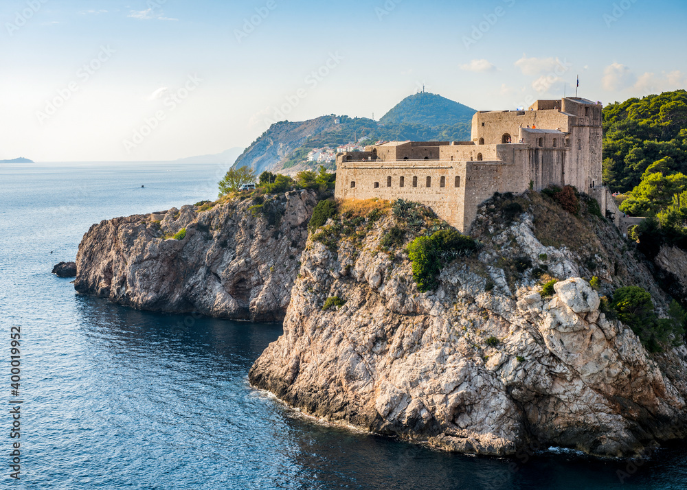 View of the medieval fortress on a rock in the Adriatic sea near the city of Dubrovnik
