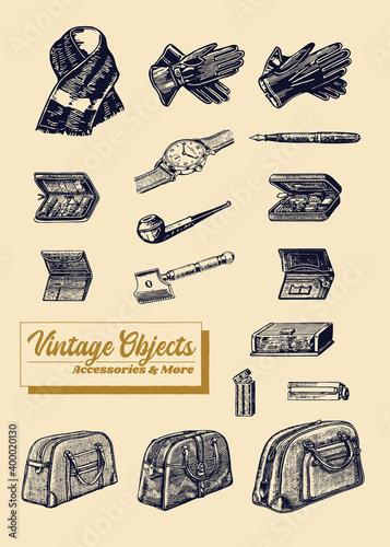 Vintage Objects, Accessories and More engraving style drawings of old stuff