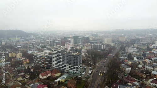 Aerial view of the drone flying of the old city of Lviv, Ukraine