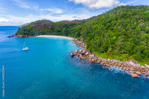 An aerial view of Anse Georgette beach on Praslin island, Seychelles  © Aliaksandr