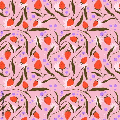 seamless pattern with leaves and strawberries (ID: 400020966)