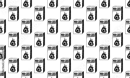 Hand drawn doodle seamless pattern with matchbox. Burnt wooden stick. Simple vector illustration.