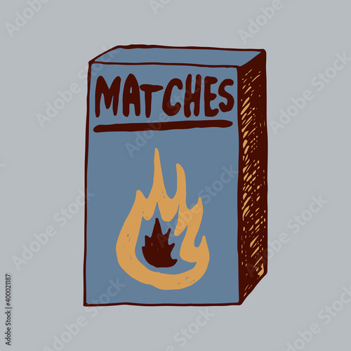 Hand drawn doodle matchbox. Burnt wooden stick. Simple vector illustration.