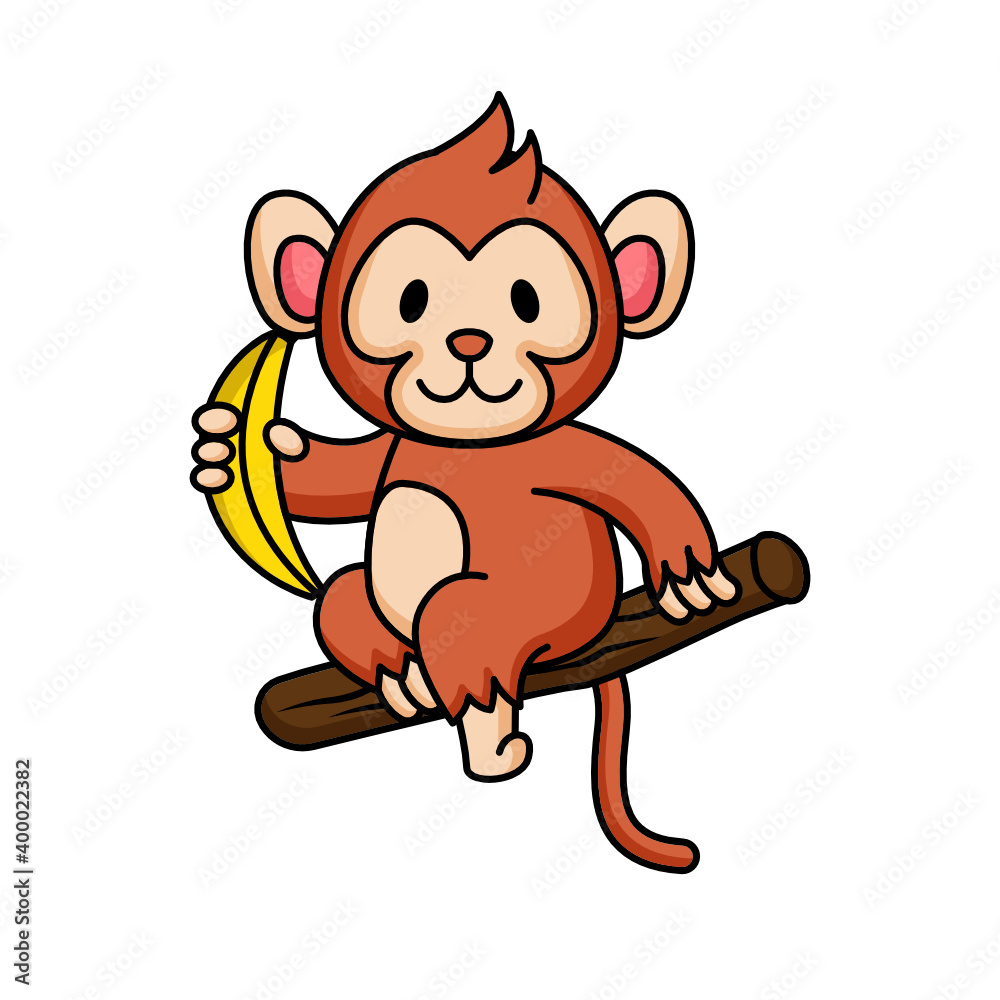 Cute chibi kawaii baby monkey with banana Stock Vector | Adobe Stock