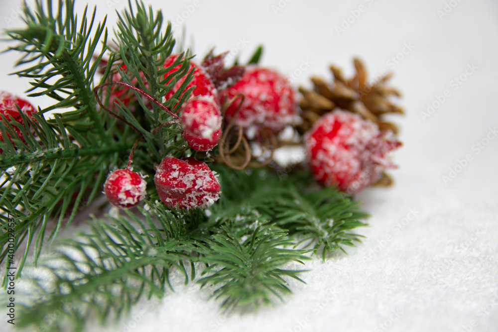 christmas tree branch and red pomegranate on a white background christmas tree branch and red pomegranate on a white background