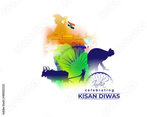vector illustration for Indian day kisan diwas means farmer days, India celebrating , concept banner, 23 December, National farmers day of India, bullock and farmer on abstract tricolor background