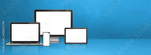 computer, laptop, mobile phone and digital tablet pc. blue banner