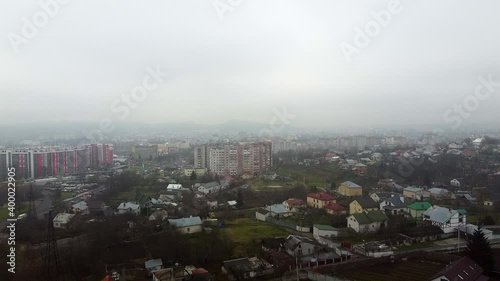 Aerial view of the drone flying of the old city of Lviv, Ukraine