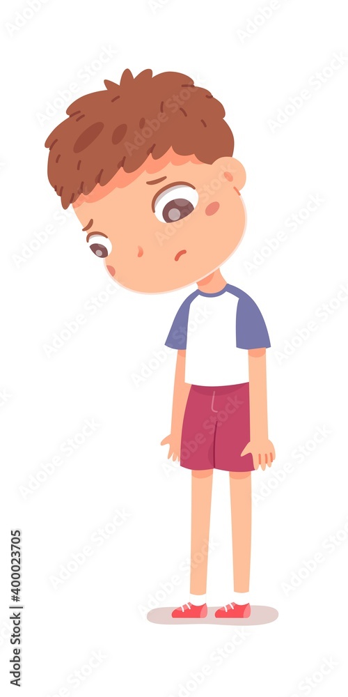 Sad kid losing at sport competition or game. Lonely boy standing with distraught face. School student portrait vector illustration. Upset child isolated on white background