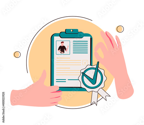 HR recognition as best candidate reputation from recommendations tiny person concept. Symbolic popular professional with outstanding results for headhunting and hiring choice scene vector illustration