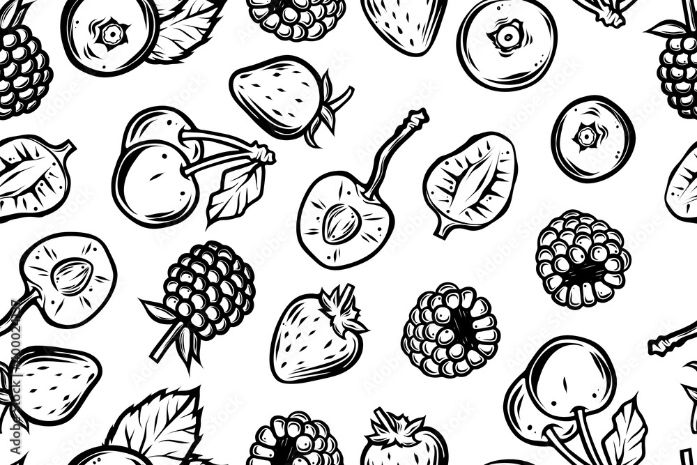 Seamless pattern of various berries, vector, monochrome Seamless pattern of various berries, vector, monochrome