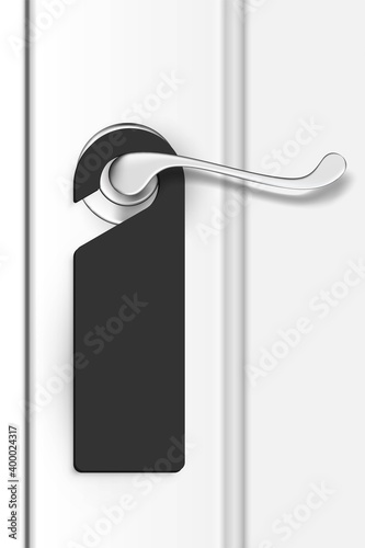Door handle with white empty hanger. Realistic doorknob at home, hotel or office. Decorative security element vector illustration. Modern design of white door with black paper tag hanging