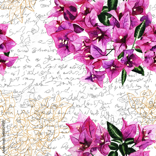 Seamless pattern with flowers of bougainvillea and handwritten text. photo