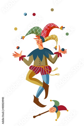 Medieval jester character. Funny man with mask juggling balls in Middle Ages vector illustration. Young happy smiling boy isolated on white background. Historical entertainment